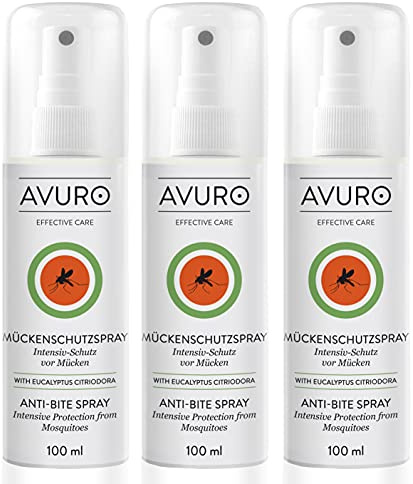 AVURO Mückenschutz Spray 3x100ml, langanhaltender Schutz vor Insekten, 100% pflanzlicher Wirkstoff Eucalyptus Citriodora Öl, DEET-frei