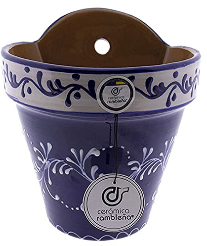 CERÁMICA RAMBLEÑA | Maceta Colgante Pileta | Maceta de Barro para Colgar | Maceta Pared Patios de Córdoba Patio Andaluz | 100% Decorada a Mano | 16.5x15x18.5 cm