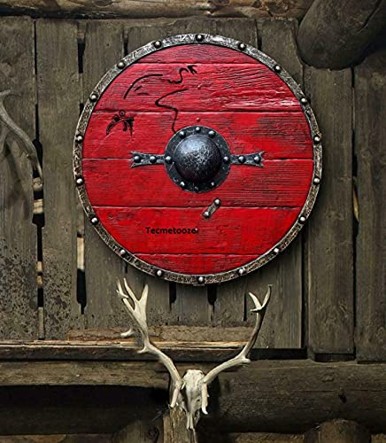 Tecmetooze Médiéval Ragnar Lothbrok Authentique Battle Viking Bouclier Cosplay Bataille Prêt Bouclier entièrement fonctionnel pour la bataille (61 cm) Rouge 61