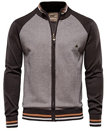 Homme Cardigan Veste en Maille Ouvrez-Front Zippé Gilet Printemps Automne Pull Tricoté Décontracté avec Col Droit Veste mi Saison Chandail en Tricoté Mode Sweater Outwear Manteau Brun M