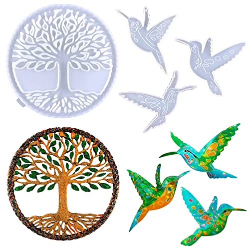 HyzaPhix 4 Stück Resin Silikonform Epoxidharz Formen Baum des Lebens Silikon Gießform Kolibri Tree of Life Silicone Mold für DIY Handwerk Wanddekoration Wohnkultur