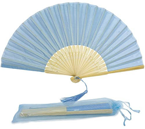 FANSOF.FANS Fabric Handheld Folding Hand Fan With a Tassel Grade A Bamboo Ribs for Women Girls Summer Party Event Favour Birthday Wedding Souvenir Gift (Baby Blue)