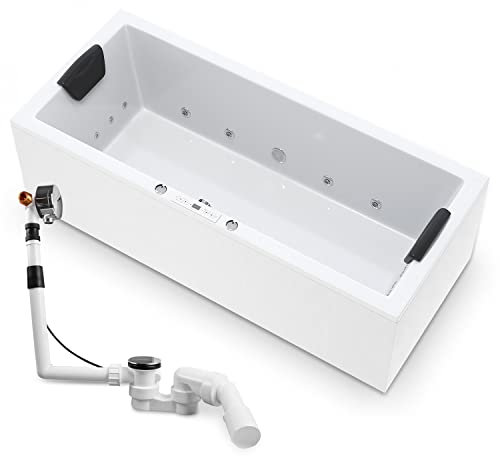 AQUADE Whirlpool Badewanne Wolfsburg Classic XL 180x90 cm mit LED Whirlpool Beleuchtung & Badekissen für Badewanne Whirlpool/Badewanne Komplett Set