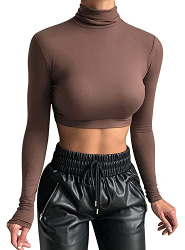 Crop Top Damen Langarm Rollkragen Pullover Sexy Basic Cropped Tops Slim Fit Komfort T Shirt Langarmshirt Rollkragenpulli Lässig Sport Oberteile Tunika Top Bluse Tee Sweatshirt Sweater Einfarbig