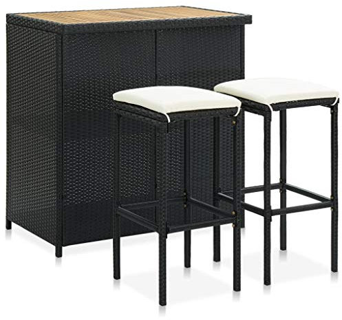 Makastle 3-TLG.Garten Bar Set Gartenbar Sitzgruppe PE-Rattan Bar Tresen Theke Tisch Stehtisch Barhocker Barset Garten Tisch Outdoor Gartenmöbel Set, Schwarz