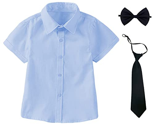 aromm Camisa Niño Uniforme Escolar Formal Manga Corta Botón Down Oxford Shirt con Corbata y Pajarita Azul,9-10 Años