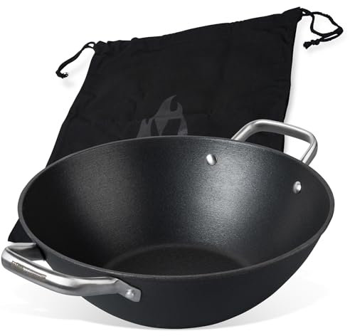 FMprofessional Force Wok en fonte 32 cm - Poêle wok avec revêtement antiadhésif de qualité supérieure - Convient à tous les types de feux (y compris induction) - Environ 33 x 42,8 x 12 cm