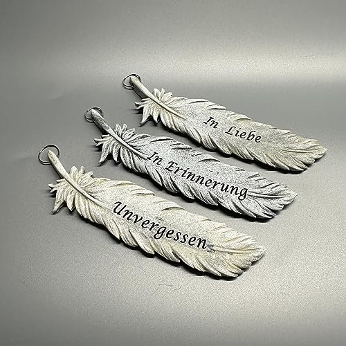 eberin · Statuetta decorativa a forma di piuma · Decorazione per tomba · Piuma con scritta in lutto per sdraiarsi o appendere · Decorazione funeraria cimitero · 3 motivi a scelta (in ricordo)