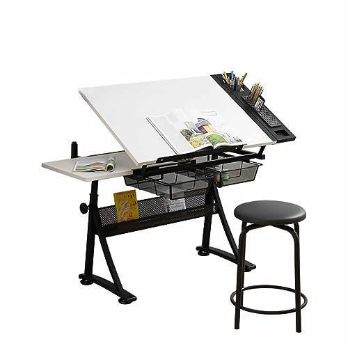 ZERVA Zeichentisch mit Schubladen, multifunktionaler Kunststudiertisch, verstellbares Klappbrett, Kunstarbeitsplatz, Zeichentisch, Skizzenzeichnungsarbeitsplatz (weißer Schreibtisch)