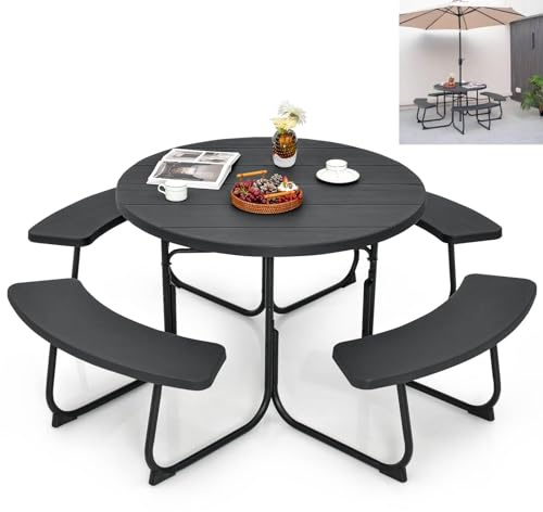 TANGZON 8 Seater Picnic Table and Bench, Round/Square Camping Table with Built-in Benches & 48mm Umbrella Hole, Outdoor Dining Table and Benches Set for Garden Patio Yard Pub (Round, Black)
