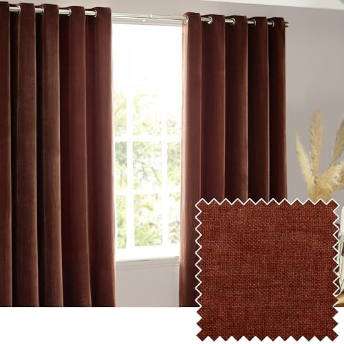 Yard Heavy Chenille Ösen Vorhang Paar – Linie Raum Dunkelung Weiches Samt Vorhänge (Muskatnuss – Breite 229 x Länge 183cm)