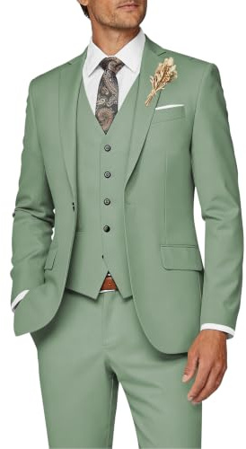 Wangyue Herrenanzug, 3-teilig, schmale Passform, Anzug für Herren, formeller Business-Anzug, Hochzeit, Bräutigam, Abschlussball, Smoking, Dinner-Party, Salbeigrün, L
