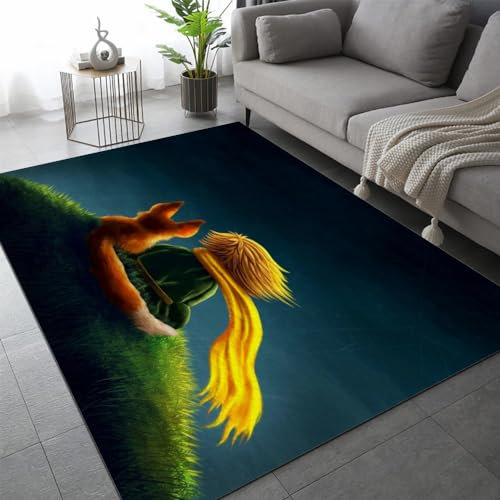 Prinz Fuchs Teppich Kinderteppich Modern 3D Märchen Traum Teppich Kinderzimmer Kurzflor Teppiche rutschfeste Spielteppiche für Schlafzimmer Wohnzimmer Zimmer 140x200 cm