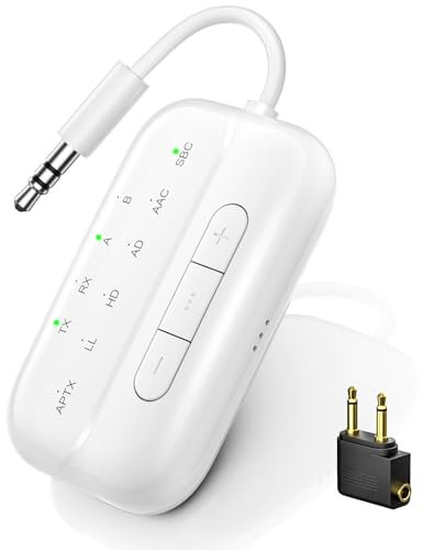 SONRU 2025 Newest Bluetooth 5.3 Transmitter & Receiver, Supports 2 Headphones Dual Connection, aptX-Low Latency Bluetooth Adapter, 3.5mm Aux Jack Audio Transmitter for TV/Plane/Travel/Gym/Car, White