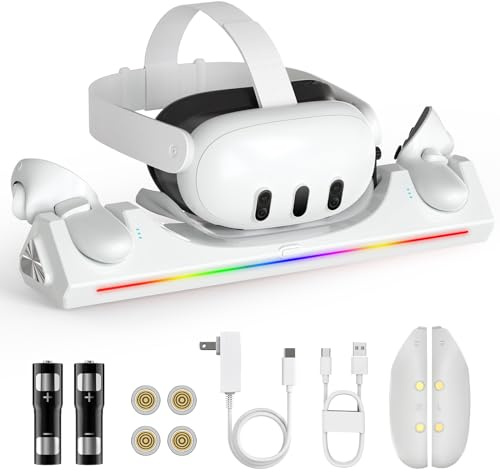 Charging Dock for Oculus Quest 3S/Quest 3, Magnetic Charging Station for Meta Quest 3S VR Headset & Controllers, with 2 Rechargeable 2100mAh Batteries, USB-C Charger and Cable, Supports LED Indicator