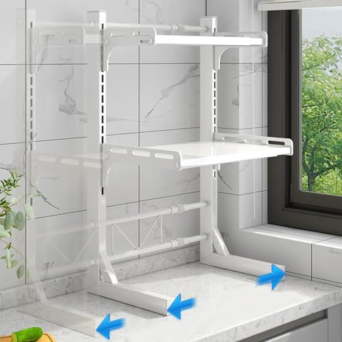 HJXGQJM Estante De 2 Niveles para Utensilios De Cocina De Sobremesa, Estante para Horno Microondas, Estante para Condimentos/arroz con 6 Ganchos, Blanco, Extensible Y Ajustable En Altura