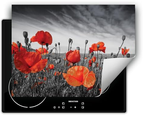 DarHaus Herdabdeckplatte Einteilig Aufrollbar Anti Rutsch Matte für Ceranfeld Induktionskochfeld 70x52 cm Vinyl Grau Rot Mohnblumen