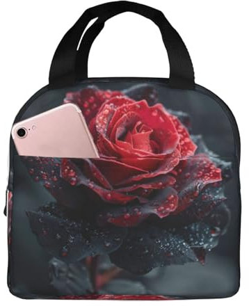 Bolsa de almuerzo con estampado de rosas rojas y negras, lonchera portátil para hombres y mujeres, picnic, trabajo, viajes