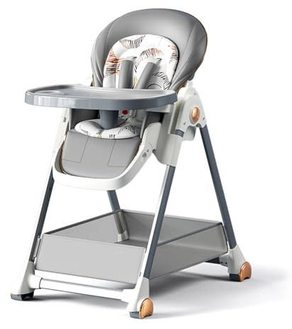 Reenborn PU-Leder Kinderhochstuhl, Klappbarer Hochstuhl Baby mit Liegefunktion, Hochstuhl mit 6 Höhen 3 Liegepositionen, Baby Essen Stuhl Abnehmbaren Doppeltabletts und Rädern (808 Grey)