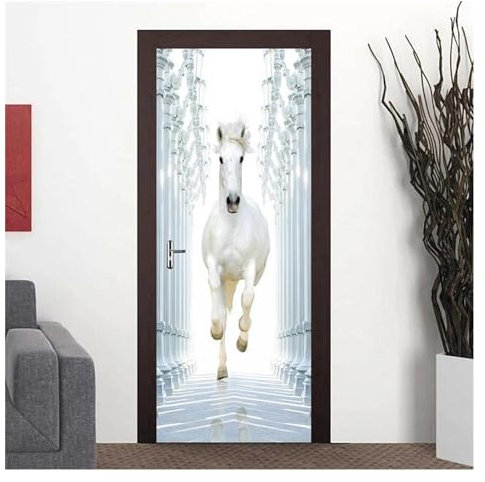 Türaufkleber Türtapete Türbilder Türposter Moderne Kreative 3D Stereoskopischen Raum Weißes Pferd Tür Aufkleber PVC Selbstklebende Tür Tapete Wandtattoos Wandbild(77x200cm)