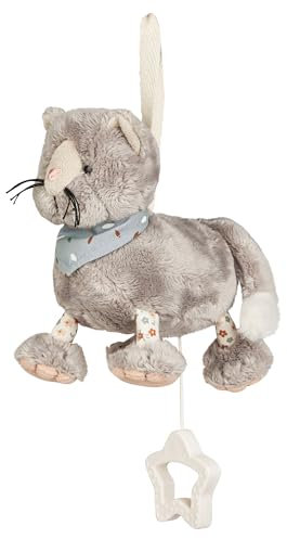 Sterntaler Spieluhr S Katze Lilly - Baby Spieluhr aus weichem Stoff - Kuscheltier Baby zum Anbinden - Einschlafhilfe wirkt beruhigend zuhause & unterwegs, grau