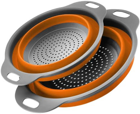 Surwin Scolapasta Pieghevole Salvaspazio, 2 Pezzi Scolapasta Silicone Verdura, Cesto Scolapasta Plastica Silicone Pieghevole, per Drenare Pasta, Verdura, Frutta (Arancione,2 pezzi)