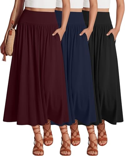Ficerd Confezione da 3 Gonne Lunghe Lunghe da Donna, Lunghezza alla Caviglia, Vita Alta, Gonne Estive Casual con Tasche(Nero, Blu Navy, Vino,M)