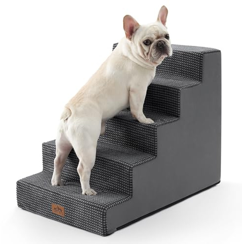 COZY KISS Breda Hundtrappor för Säng & Soffa, Halkfria Hundsteg för Små & Medelstore Hundar, Tvättbara Husdjurssteg med Avtagbar Skydd, Stödjande Skum 5-Stegs Husdjurstrappor för Äldre Hundar, Mörkgrå