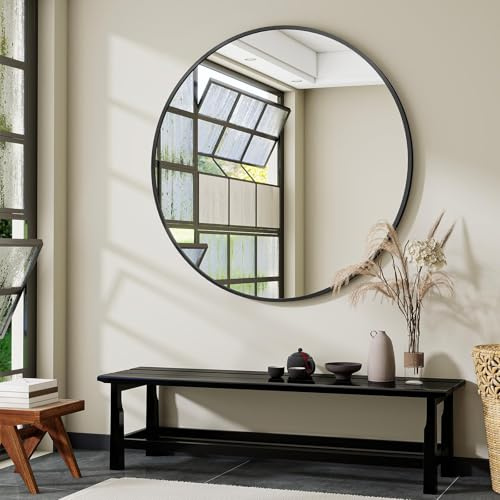 Koonmi 120 cm Spiegel Rund Schwarz, großer Runder Spiegel Wandspiegel mit Rahmen aus Aluminiumlegierung für Badezimmer, Waschtisch, Wohnzimmer, Schlafzimmer, Eingangsbereich Wanddekoration