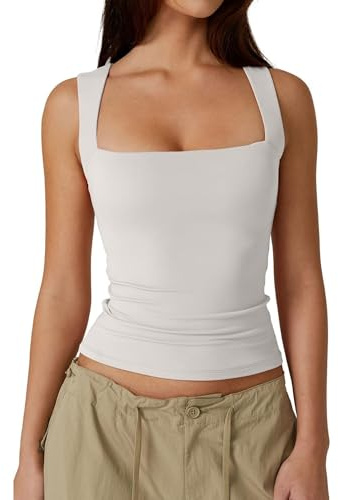 Vest Tank Tops for Women UK Summer Ladies Sleeveless Crop Top Sexy Square Neck Baisc Tight T-Shirt (White,S)