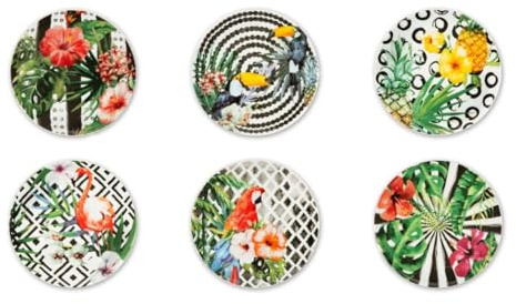 Excelsa Tropical Chic Set 6 Piattini in Porcellana per Aperitivo e Dessert, Decorazioni Tropicali