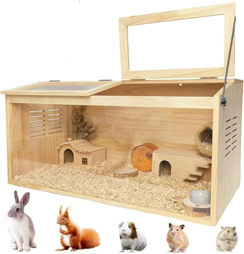 Hamsterkäfig aus Holz, Hamstervilla aus Lindenholz und Acrylglas, Kleintierkäfig mit klappbarem Deckel Schaufenster aus Kunststoffglas, Ausreichende Belüftung Nagerkäfig mit Zubehör 80 x 40 x 40 cm