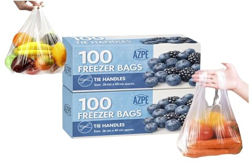 200 Food Freezer Bags with Tie Handles, Clear Food Storage Bag, Strong Freezer Bags For Storing & Freezing Meat, Vegetables, Grains Nuts, Sandwich Food Bag, (40 x 26 cm including ties)