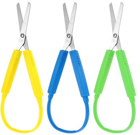 3 Piezas Tijeras de Bucle Adaptativo Tijeras para Niños 14cm Mango Colorido Tijera de Seguridad de Apertura Automática para Niños Escuelas Necesidades Especiales (Amarillo, Verde, Azul)