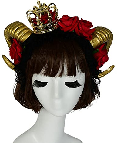 ZYMIADOU Ros horn pannband cosplay huvudbonad för halloween festkläder oxhorn slöja hårband gotiskt huvudbonad festtillbehör blomma slöja pannband