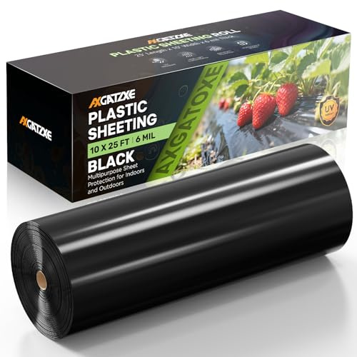 6 Mil Black Plastic Sheeting (10' x 25') Long - Heavy Duty, Waterproof, UV Resistant Polyethylene Sheeting Roll for Greenhouse, Vapor Barrier, Construction, Garden & Ground Cover
