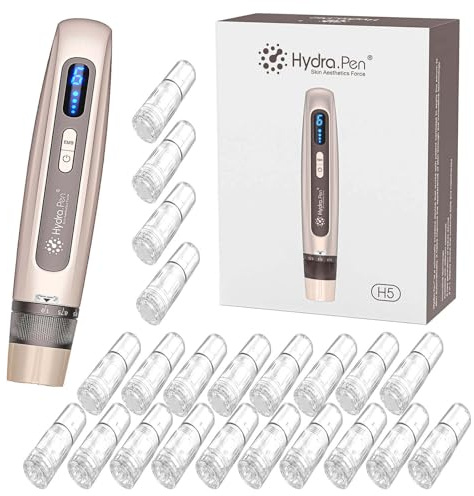 Hydra.Pen H5 Gold - Set di dispositivi di bellezza wireless con 22 cartucce (12 × NanoR e 10 × 12 pin), tecnologia EMS, 6 velocità regolabili, display a LED, tipo C, strumento per la cura del viso e