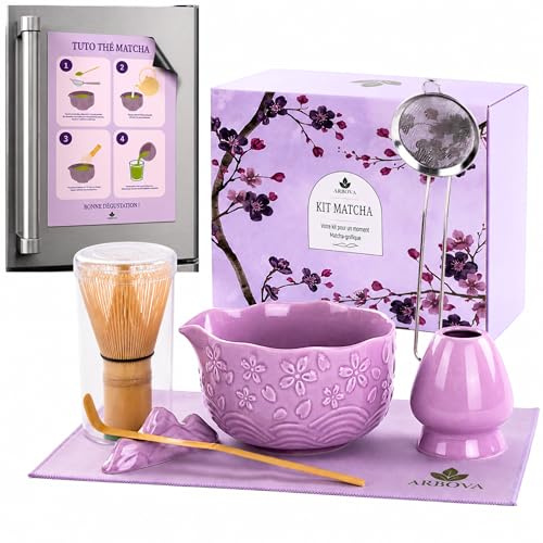 Kit Matcha Complet 9 pièces – Bol Matcha avec Bec Verseur, Fouet Matcha Chasen en bambou, Cuillère Japonaise, Support Fouet, Tamis, Tapis, Livret GUIDE et Tuto MAGNET – Coffret Matcha Idéal Cadeau