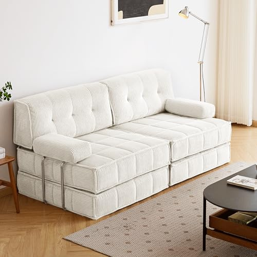 Wumagin 6 in 1 Schlafsofa 160x100cm,Klappbare Matratze 200x160cm mit festem Rahmen, bequemer ausklappbarer Futon, 4-Sitzer Gästesofa modularer Loveseat ohne Federkern für Wohnzimmer (Weiß)