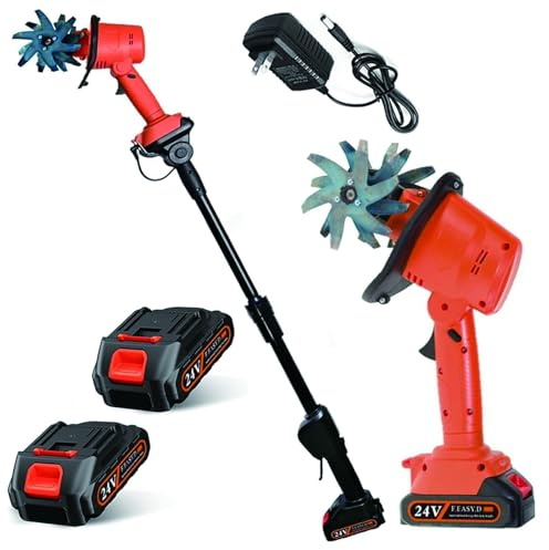 Cultivador de Jardín Inalámbrico – Mini Motoazada Eléctrica con 2 Baterías 1,5Ah, 10 cm Ancho y Profundidad, Rotavator Manual con Barra Extensible para Deshierbe, Aflojado de Suelo y Huertos