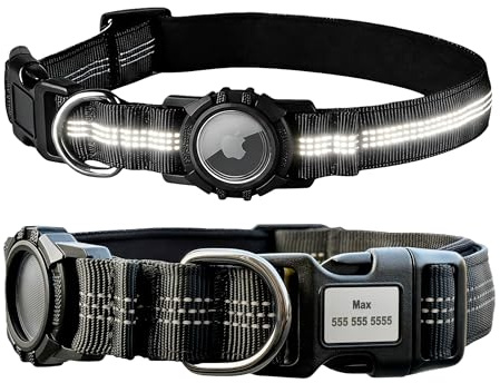 CEMULA AirTag Hundehalsband, reflektierend, Nylon, integrierter Halter mit Schutzkappe, Edelstahl-ID-Marke mit Lasergravur, verstellbar (S/M/L) (L (48–60 cm))