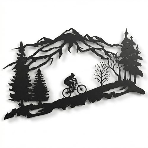 DEKADRON Metall-Biker-Wandkunst, Bergbaum und Radfahrer-Thema, Wandkunst, Metall-Wanddekoration, Fahrrad-Liebhaber, Geschenk, Heimdekoration, Wandbehänge (45,7 x 27,9 cm (B x H)