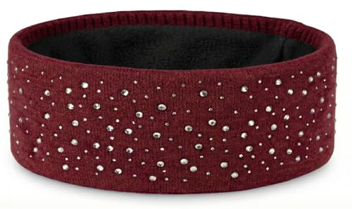 styleBREAKER Bandeau d'hiver pour femme avec strass et doublure intérieure en polaire - Bandeau élastique chaud doublé - Bandeau à paillettes pour les jours froids - Couleur : rouge bordeaux