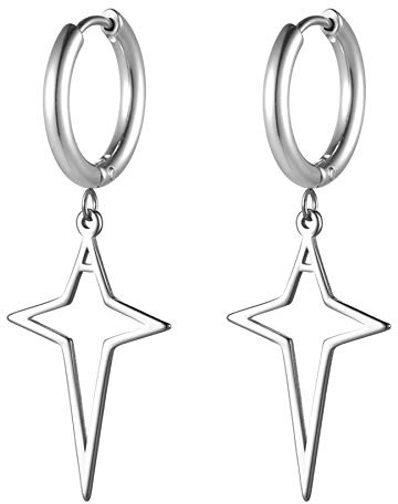 JewelryWe Schmuck Ohrringe Creolen, Edelstahl Huggie Hoop Klappcreolen Ohrpiercing Ohrhänger Ohrstecker mit Stern Anhänger für Herren Damen Silber Gold Schwarz