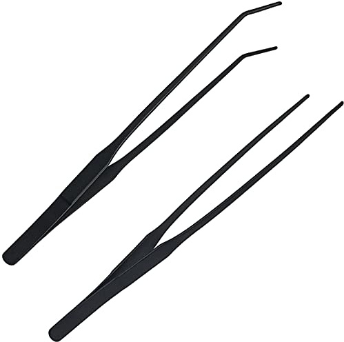2 x Futterzange, Aquarium-Pinzette, Edelstahl, gerade und gebogen, 27 cm, Aquascaping-Werkzeuge für Würmer, Reptilien, Eidechsen, Bartdrachen (schwarz)