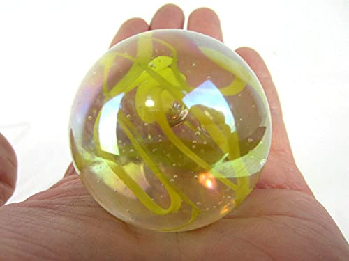 Big Game Toys~Large 2 (50mm) Yellow Spaghetti Toe Breaker w/Display Stand Iridescent Bubble Marble Glass Ball Large Huge Clear/Yellow Confetti Ribbon Shooter Swirl Home Decor/Aquarium