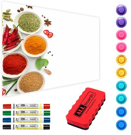 ALLboards Metallische Magnettafel GEWÜRZE KRÄUTER WÜRZMITTEL 90x60cm MetalBoards Memoboard für jede Art von Magneten Magnetpinnwand zum Beschriften + 2 Marker, 6 Magnete und Schwamm im Lieferumfang