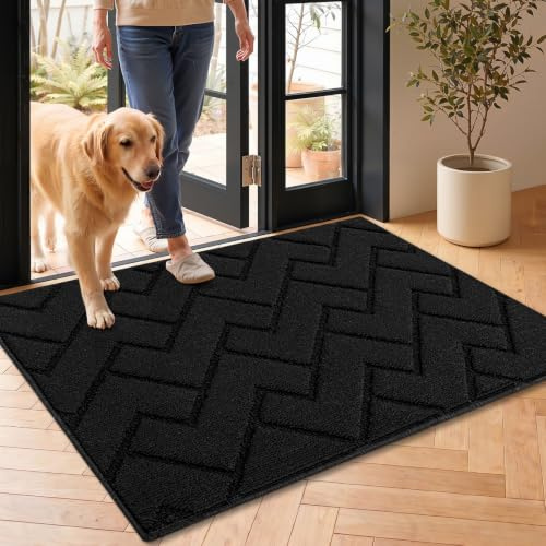 hicorfe Indoor Doormat,Front Back Door Mat Rubber Backing Non Slip Door Mats 24x35 Absorbent Resist Dirt Entrance Doormat Inside Floor Mats for Entryway Washable Low-Profile(Black)