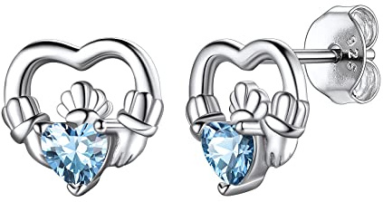 Suplight Ohrringe für Damen S925 Sterling Silber Nickelfrei Mondstein Ohrstecker Herzförmige Zirkon Irischer Claddagh Earrings mit Geburtsstein März Synthetischer Aquamarin