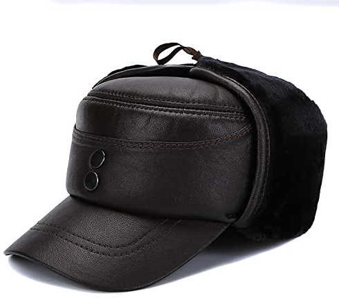 WHSPORT Warme Leder Baseballcap Trappermütze Bomber Hut Unisex Fliegermütze Fellmütze für Herren (Color : Black, Size : 55-56)